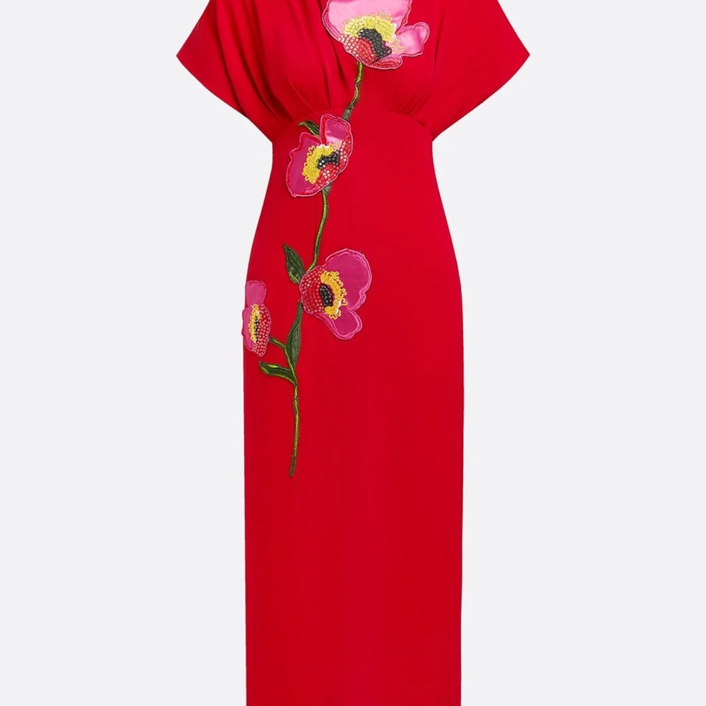 FEHAUTE Red Applique Boat Neck Short Sleeve Backless Sheath Maxi Dress.  Size 14 - Picture 3 of 11